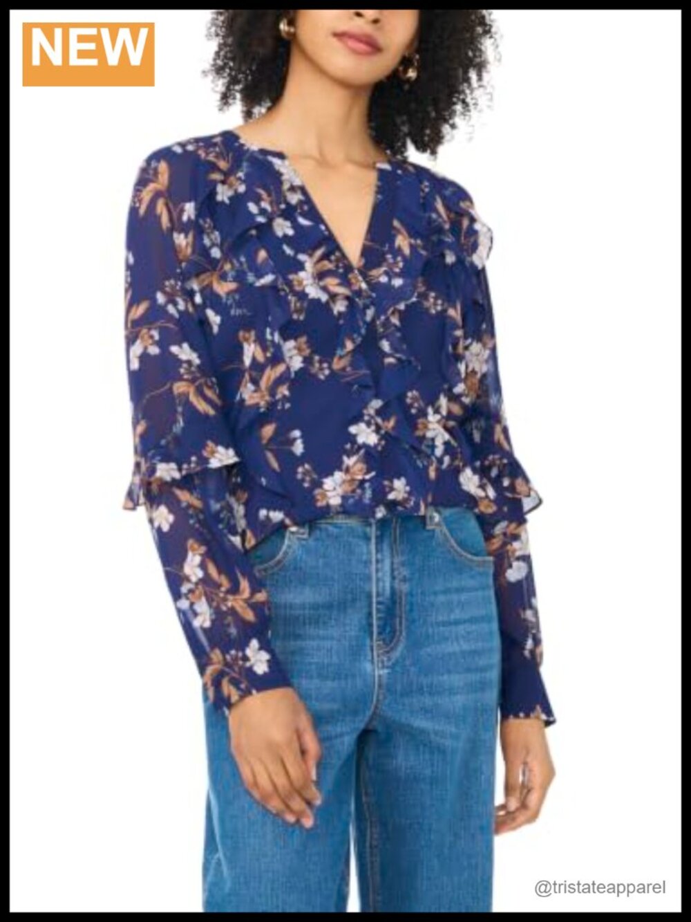 Feminine Floral Long Sleeve Ruffle Blouse Soft 100% Polyester Tunic Top